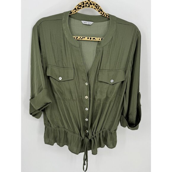 Naked Zebra Olive Green Button-Up Drawstring Waist Blouse With Pockets & 3/4 Sle - Picture 1 of 6